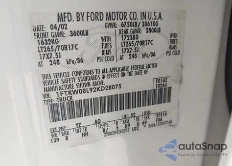 2002 Ford F-150 Lariat/Xlt z USA, uszkodzony, nr VIN 1FTRW08L92KD28075